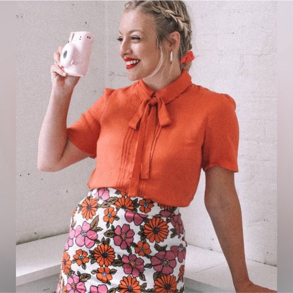 Modcloth Princess Highway Button Front Top Sz 20 Short Sleeve Rust Orange Retro
